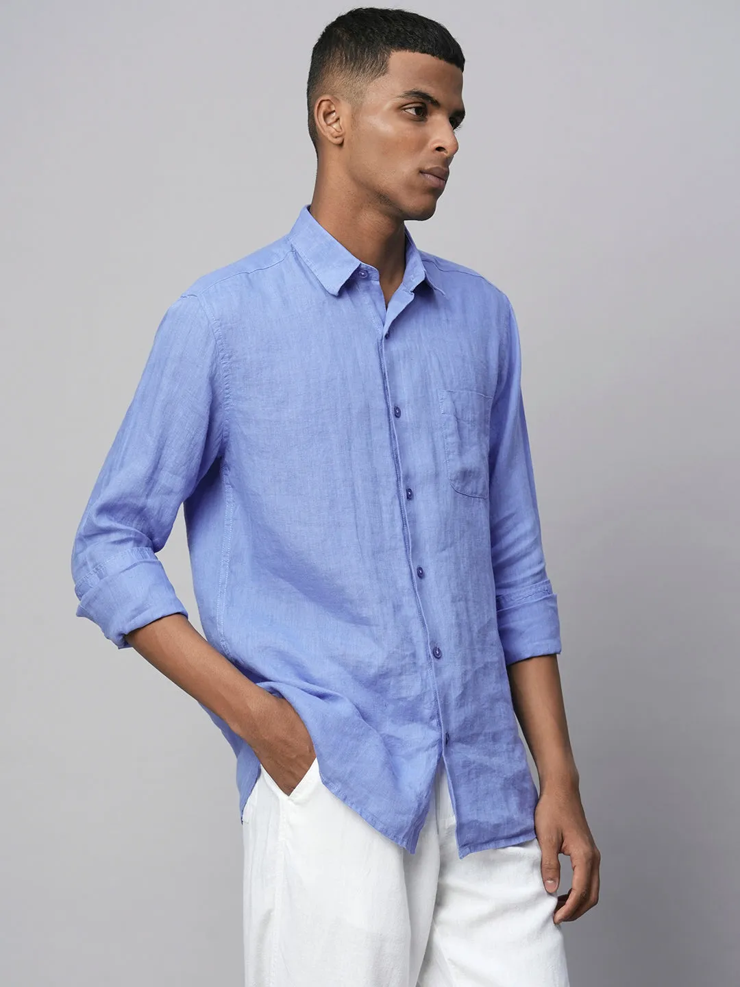 Men's Blue 100% Linen Regular Fit Long Sleeved Shirt