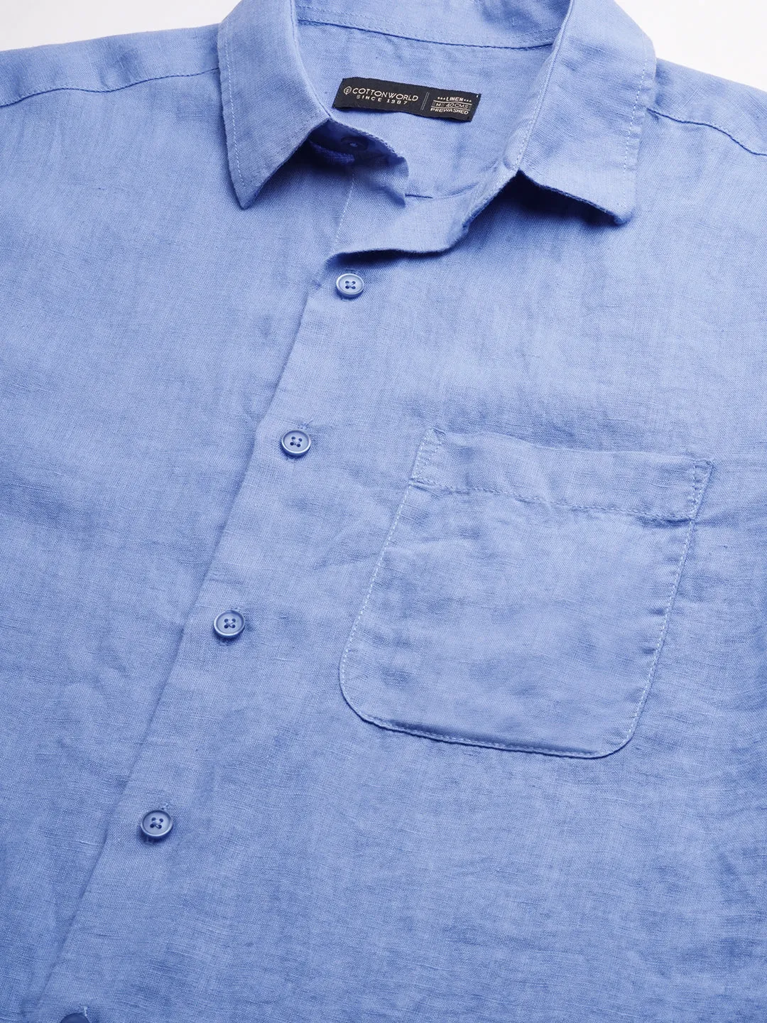 Men's Blue 100% Linen Regular Fit Long Sleeved Shirt