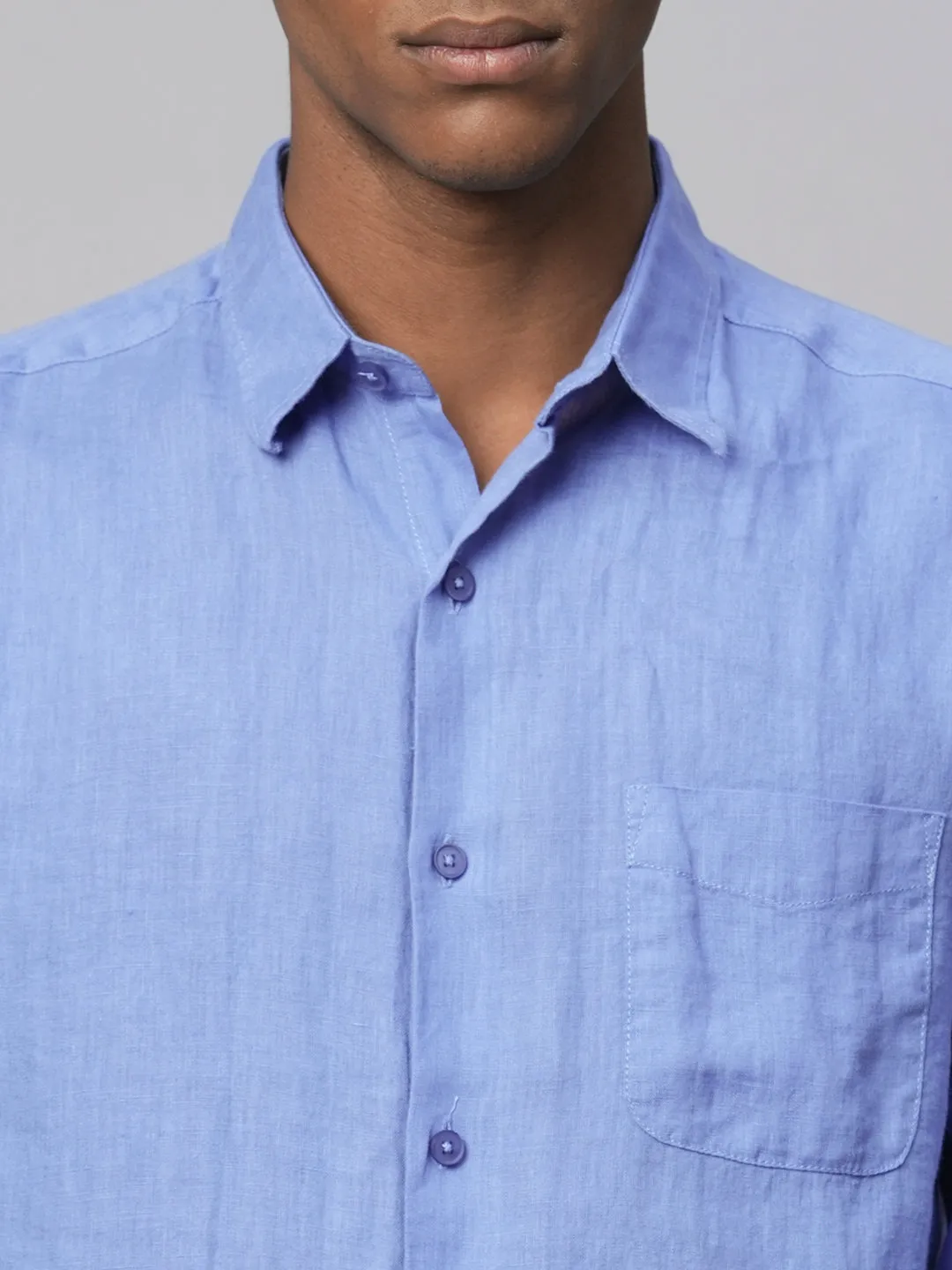 Men's Blue 100% Linen Regular Fit Long Sleeved Shirt