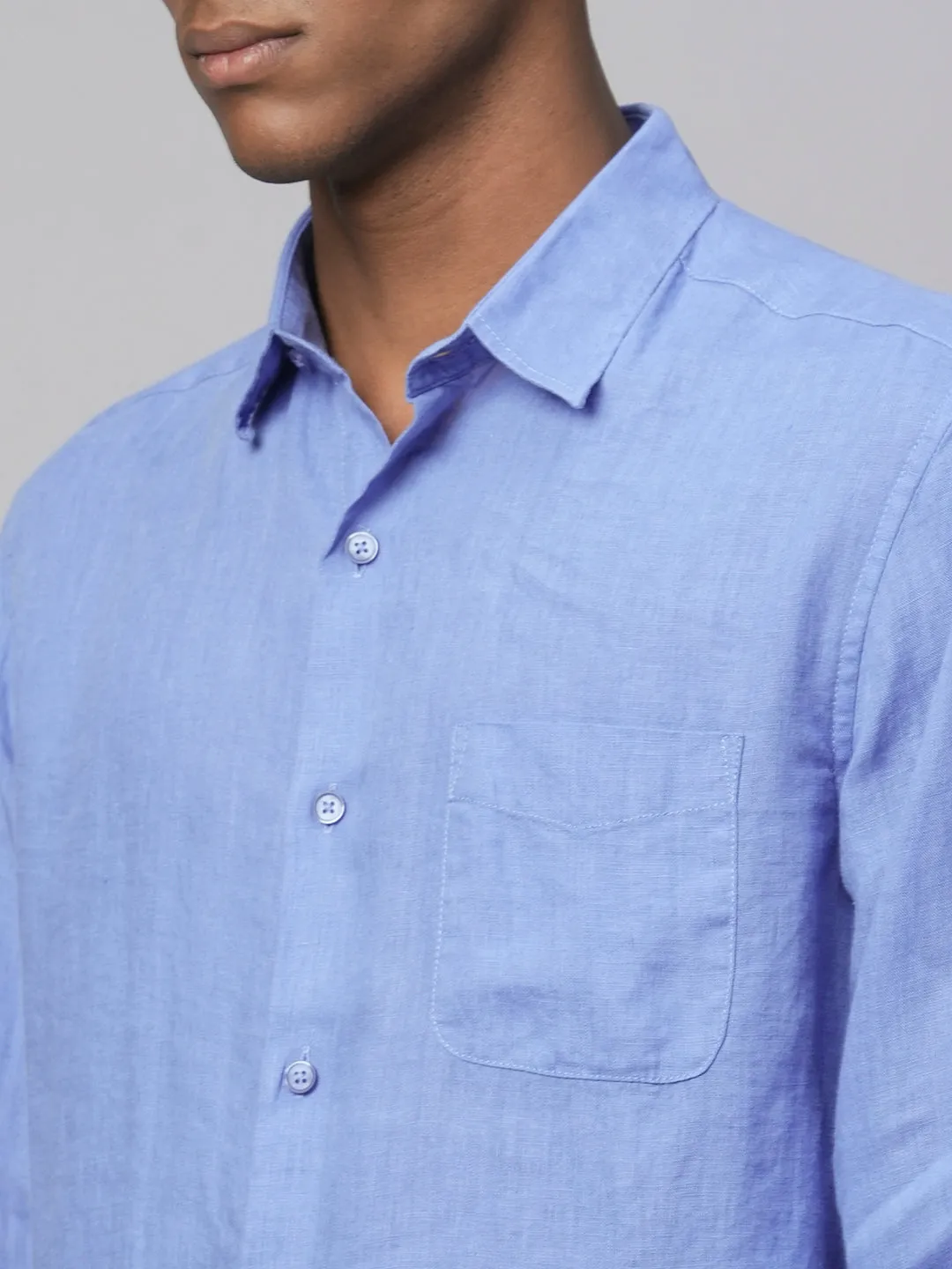 Men's Blue 100% Linen Regular Fit Long Sleeved Shirt