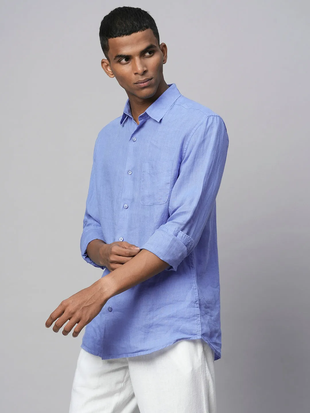 Men's Blue 100% Linen Regular Fit Long Sleeved Shirt