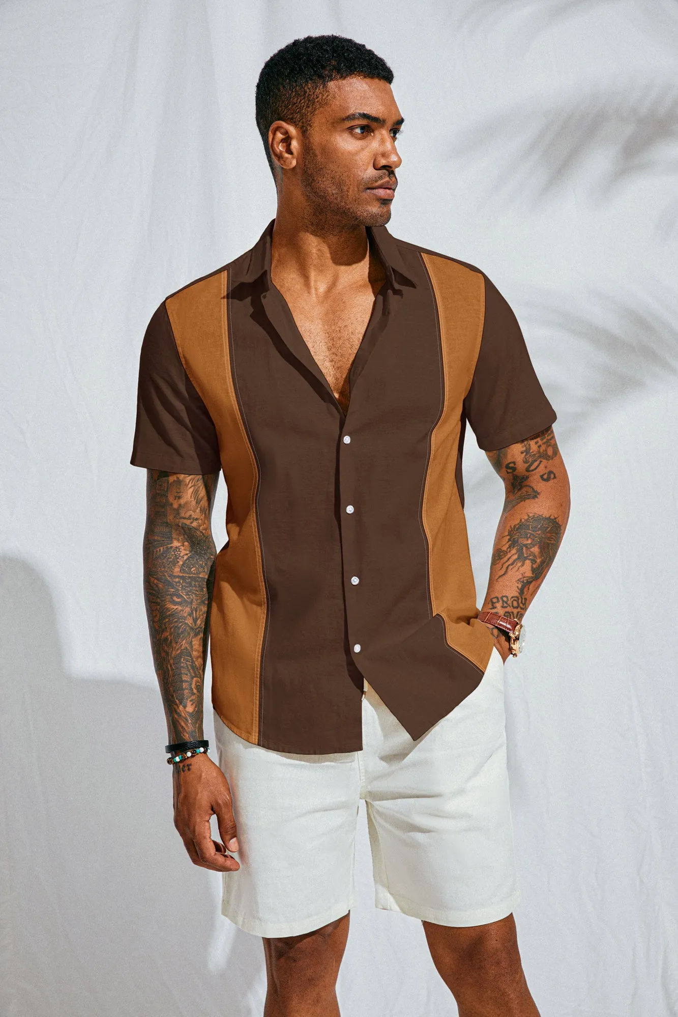 Men's Cotton Linen Shirts Short Sleeve Casual Contrast Button Down Cardigan Shirt Breathable Dress Shirts