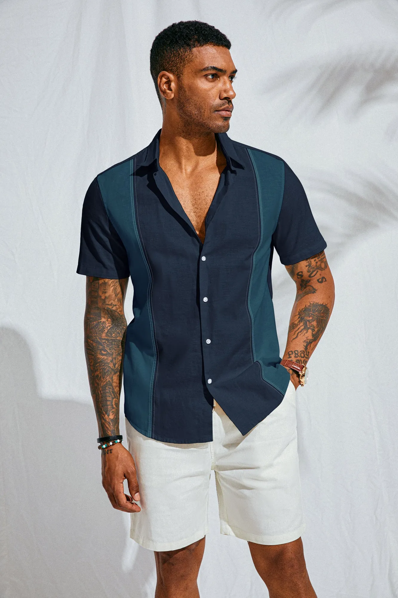 Men's Cotton Linen Shirts Short Sleeve Casual Contrast Button Down Cardigan Shirt Breathable Dress Shirts