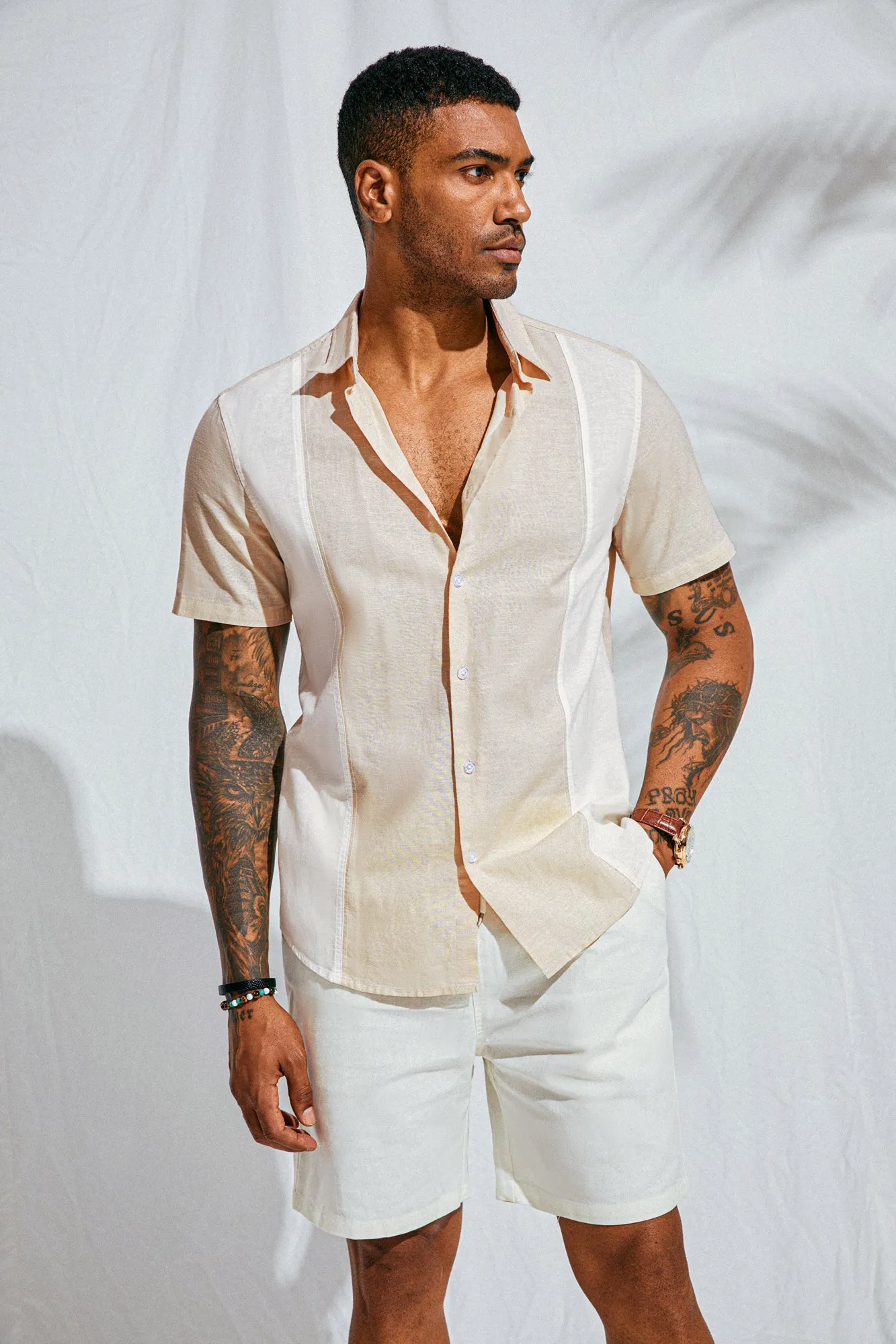 Men's Cotton Linen Shirts Short Sleeve Casual Contrast Button Down Cardigan Shirt Breathable Dress Shirts