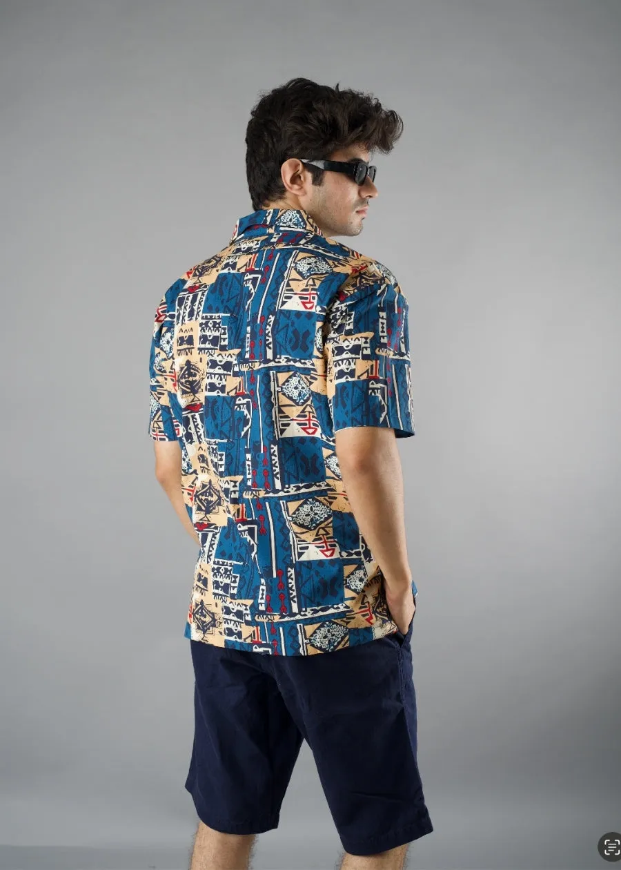 Mens Cuban Collar Printed Casual Shirt