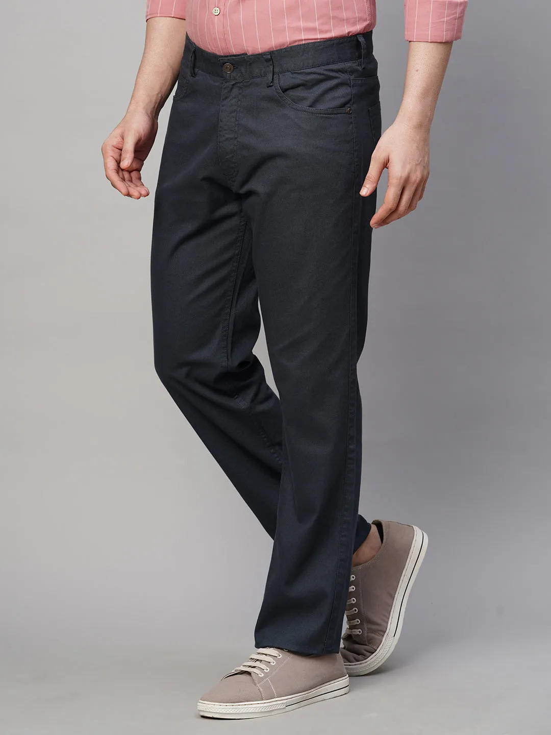 Men's Dk Blue Cotton Lycra Slim Fit Pant