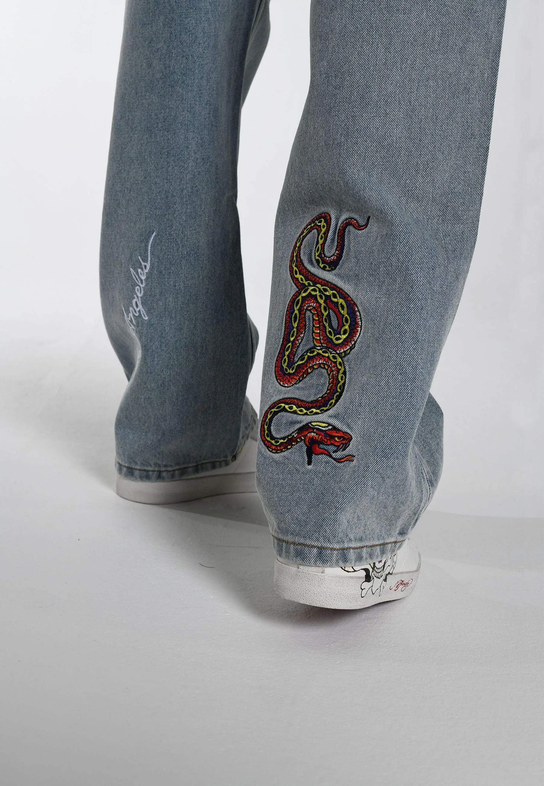 Mens Flamer-Snake Baggy Jeans - Bleach