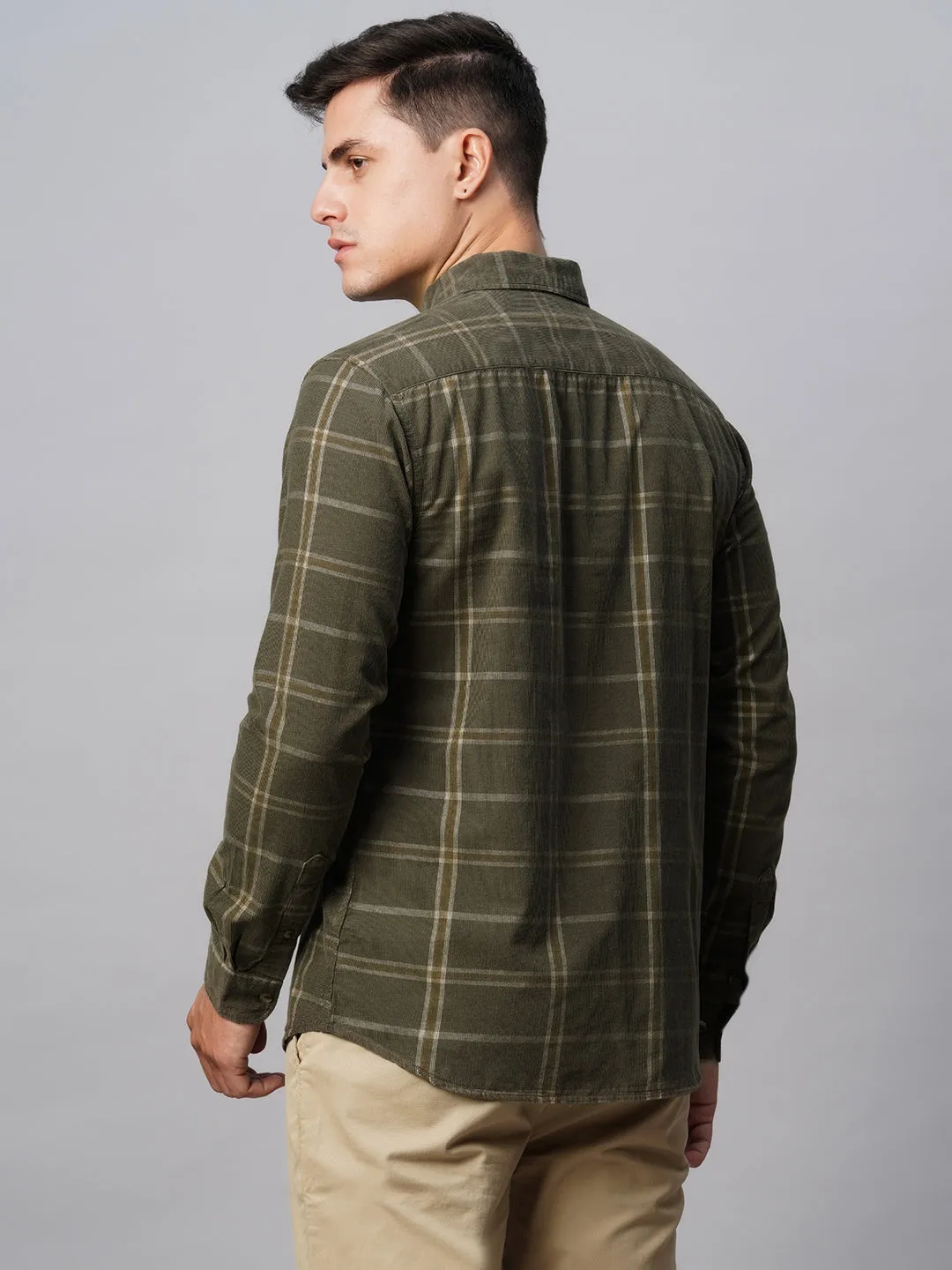 Men's Green Cotton Regular Fit Checked Shirt