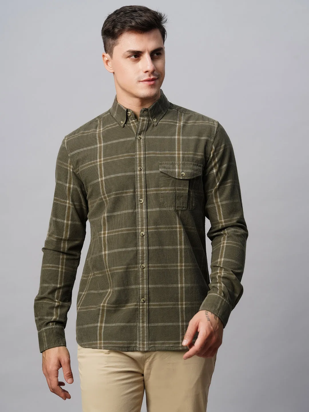 Men's Green Cotton Regular Fit Checked Shirt