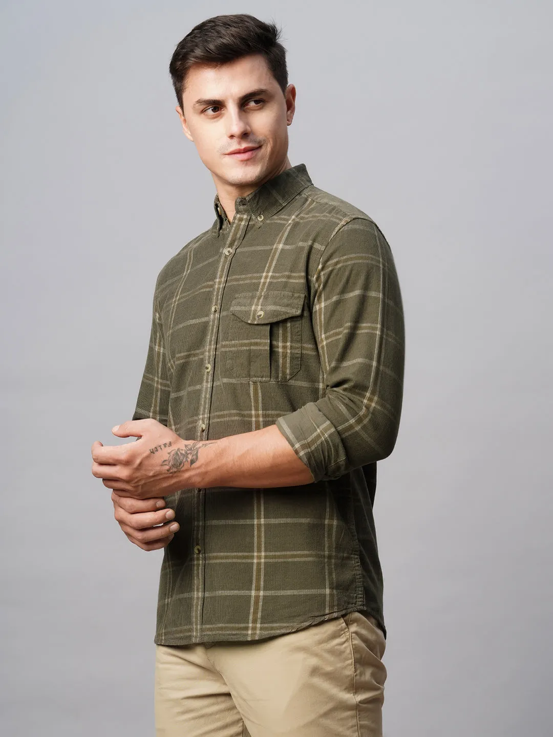 Men's Green Cotton Regular Fit Checked Shirt