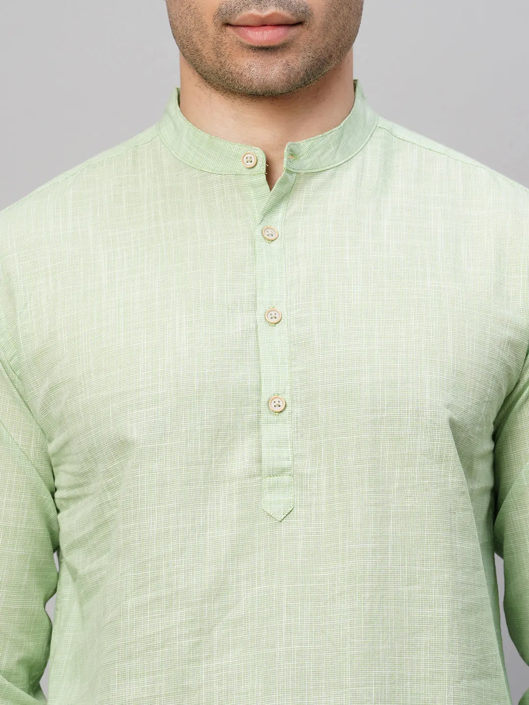 Men's Green Cotton Regular Fit Kurta Checked Shirt