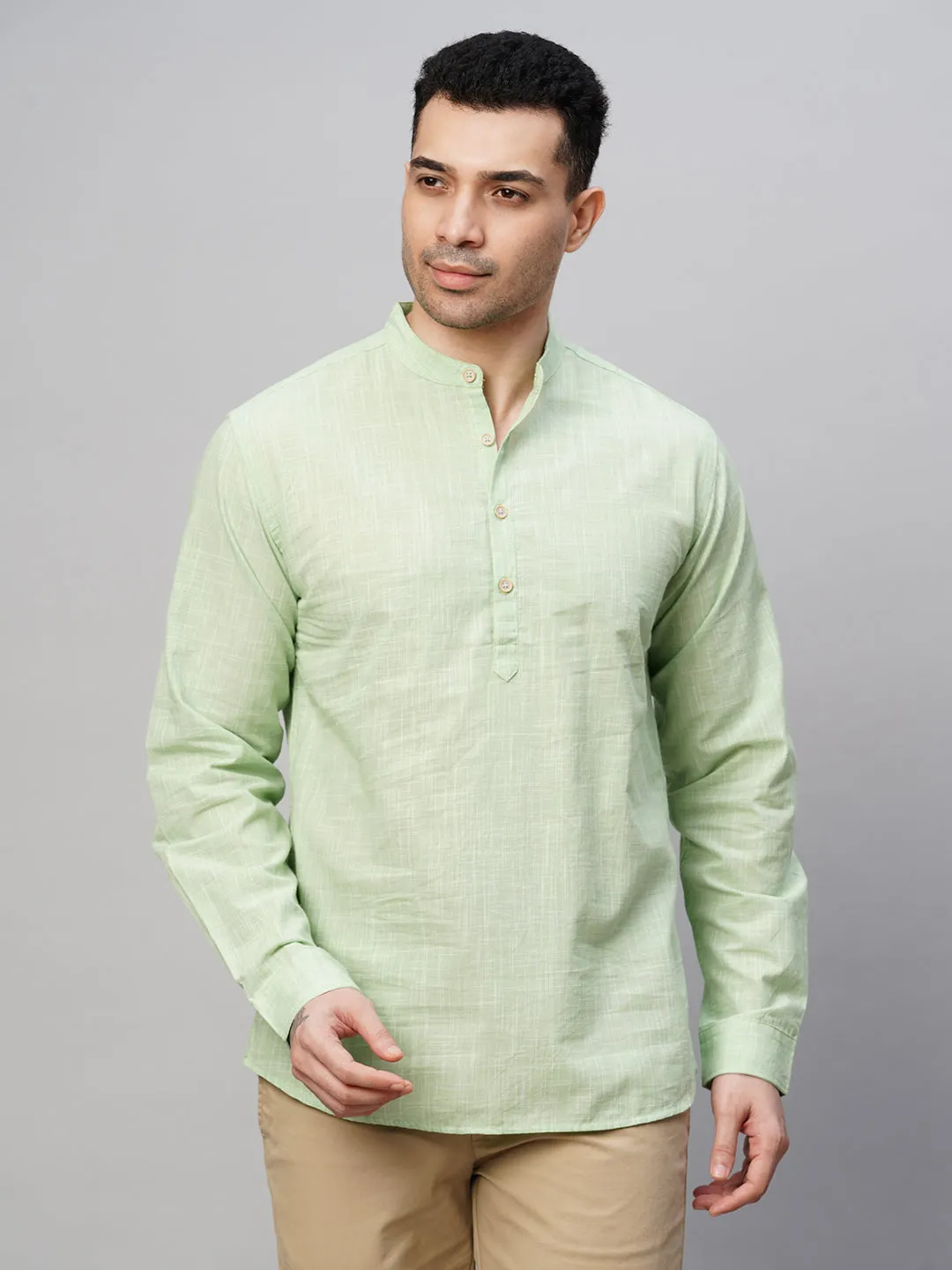 Men's Green Cotton Regular Fit Kurta Checked Shirt