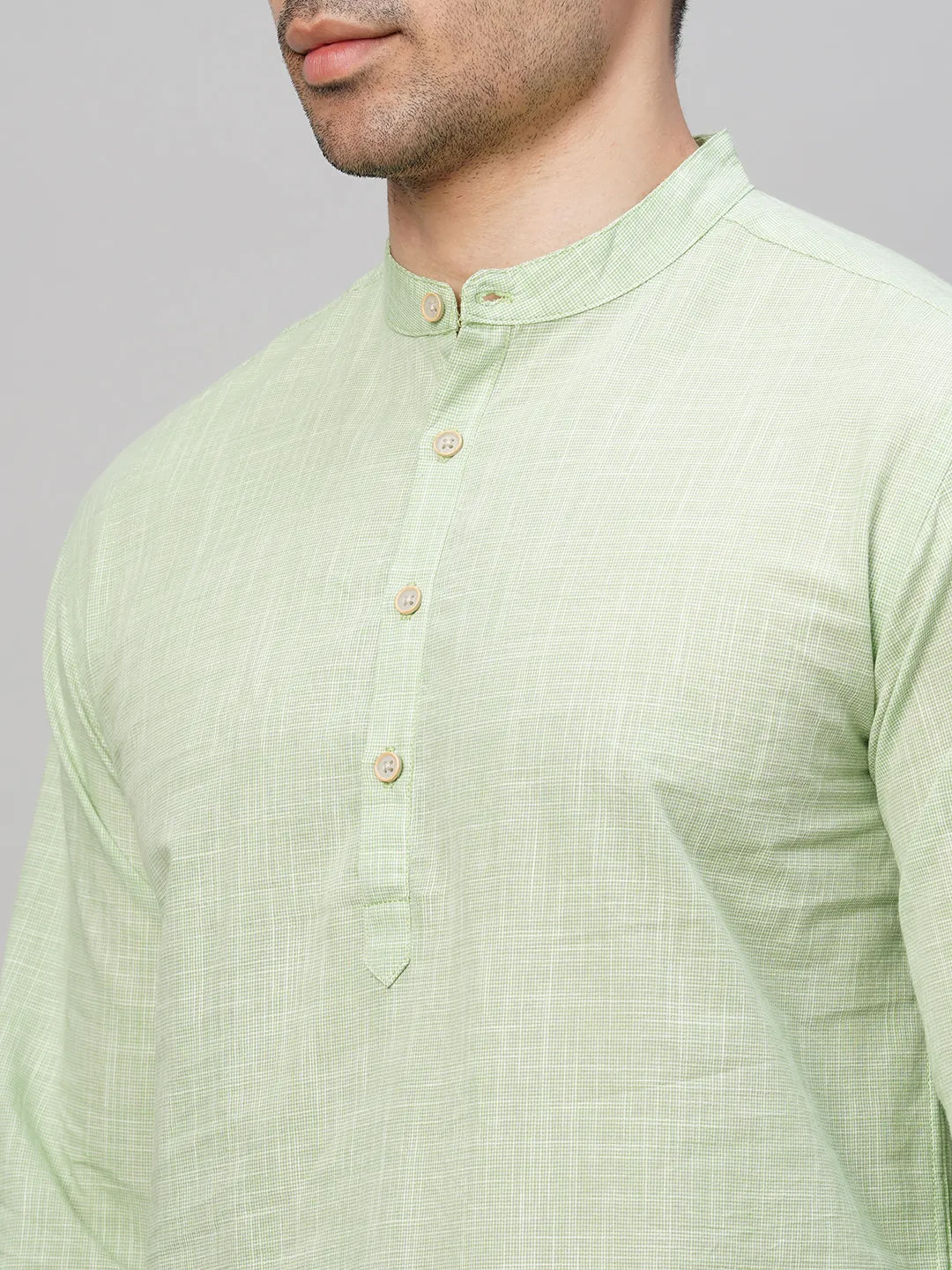 Men's Green Cotton Regular Fit Kurta Checked Shirt