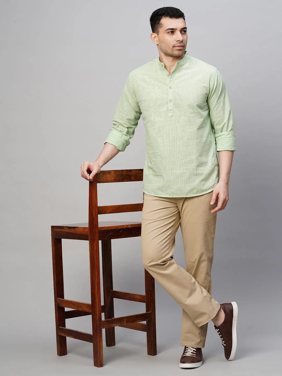 Men's Green Cotton Regular Fit Kurta Checked Shirt