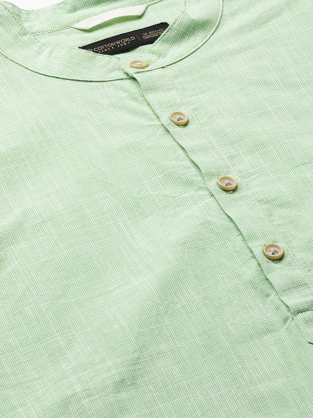 Men's Green Cotton Regular Fit Kurta Checked Shirt