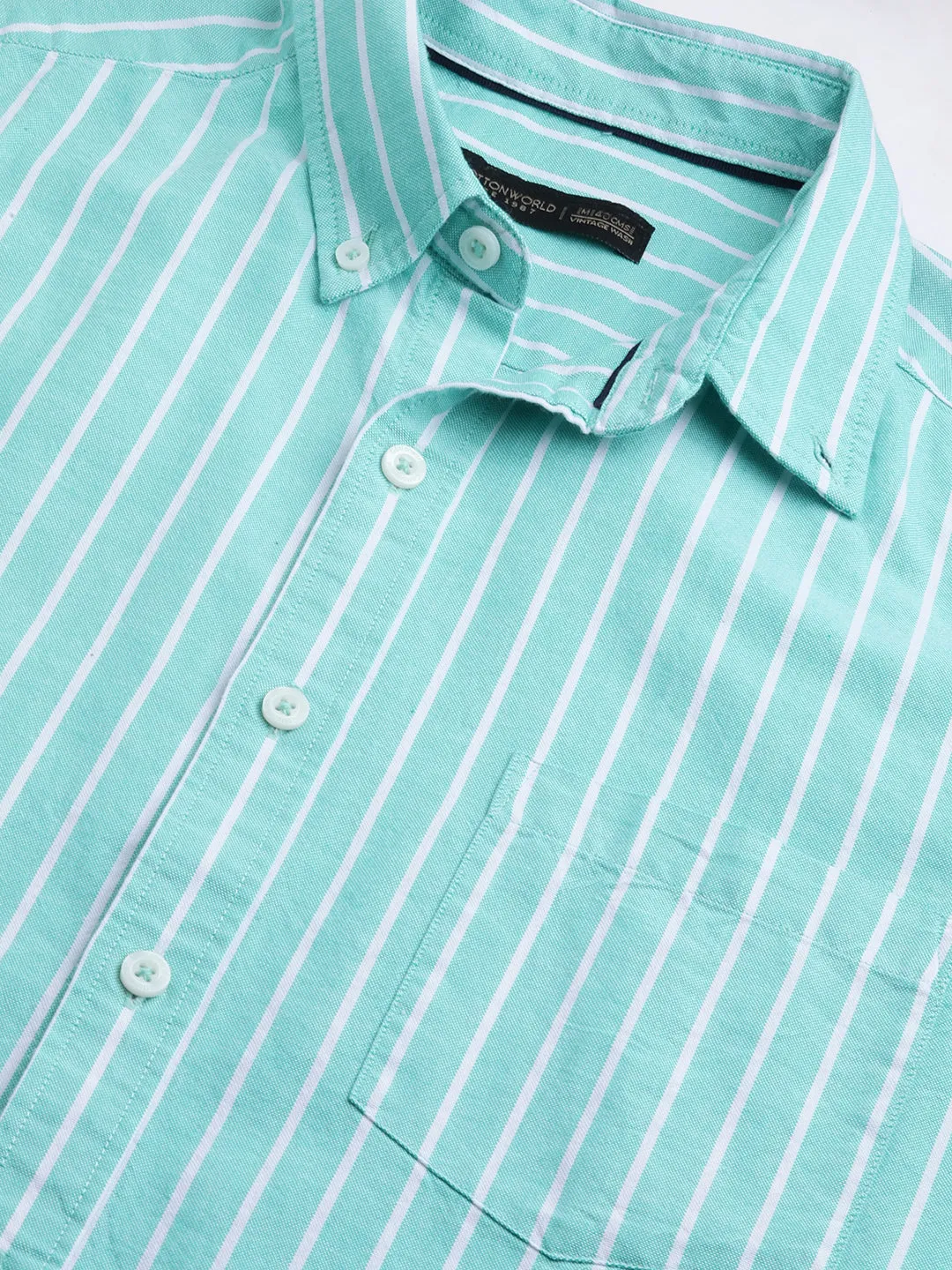 Men's Green Oxford Cotton Striped Regular Fit Long Sleeved Button Down Collar Shirt