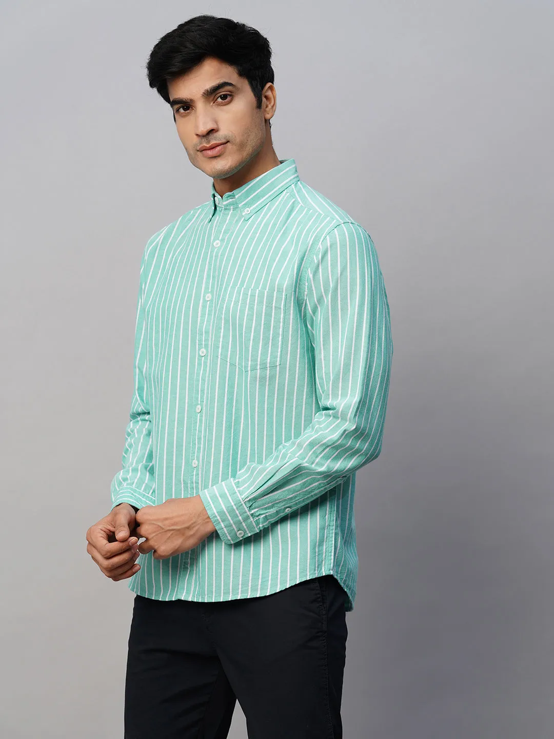 Men's Green Oxford Cotton Striped Regular Fit Long Sleeved Button Down Collar Shirt