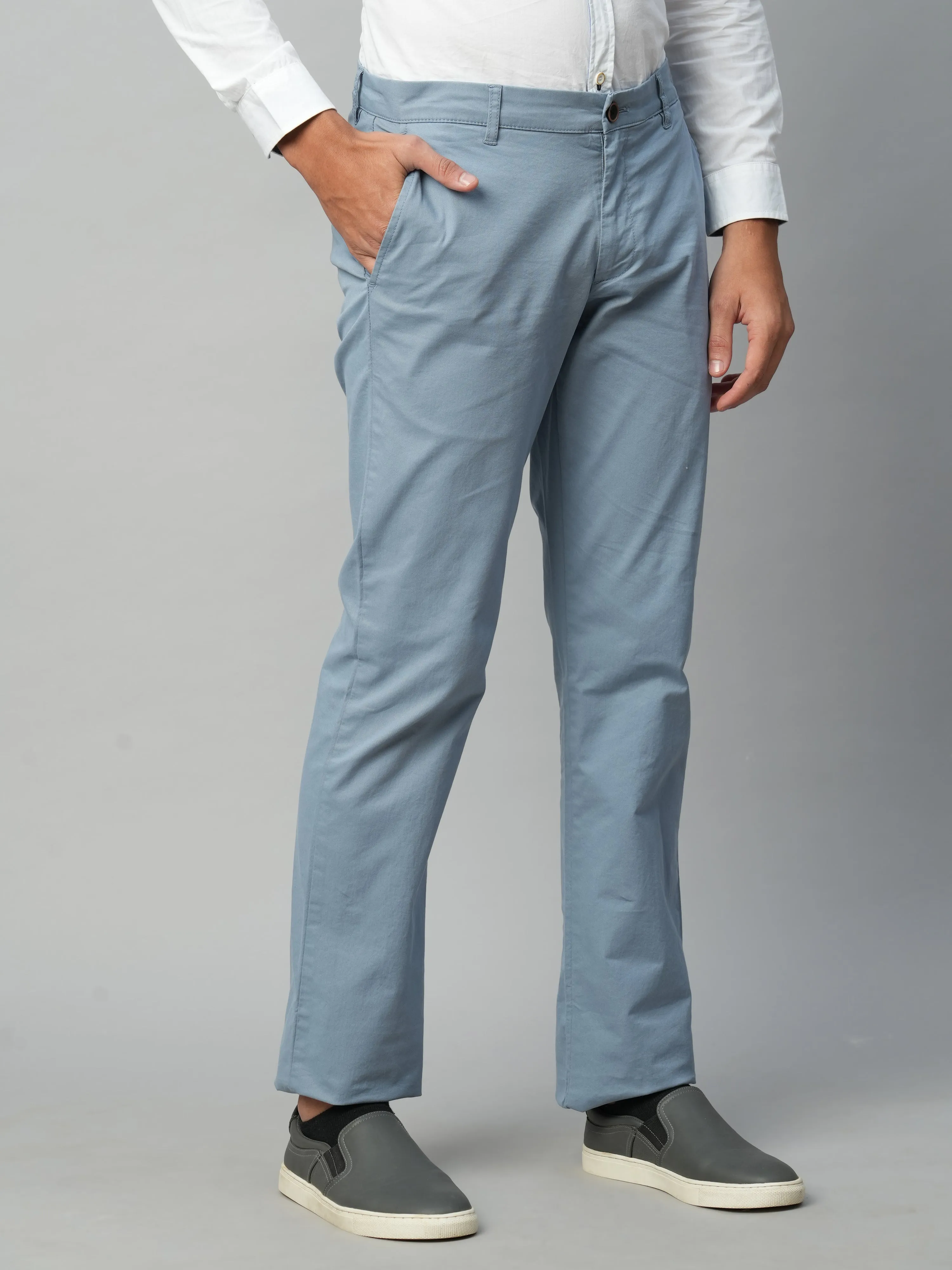 Men's Greyish Blue Cotton Lycra  Regular Fit Pant