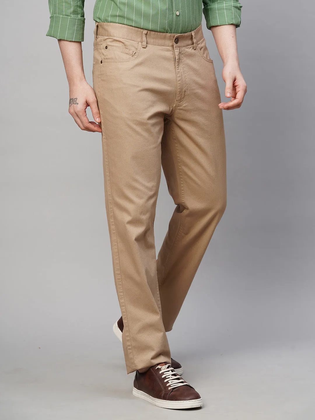 Men's Khaki Cotton Lycra Slim Fit Pant