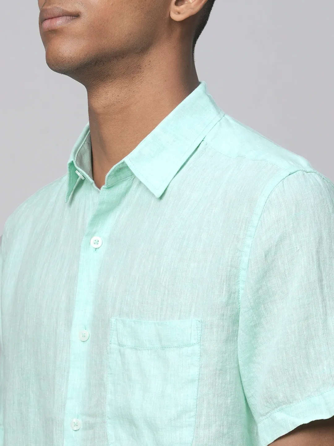 Men's Mint Green 100% Linen Regular Fit Short Sleeved Shirt