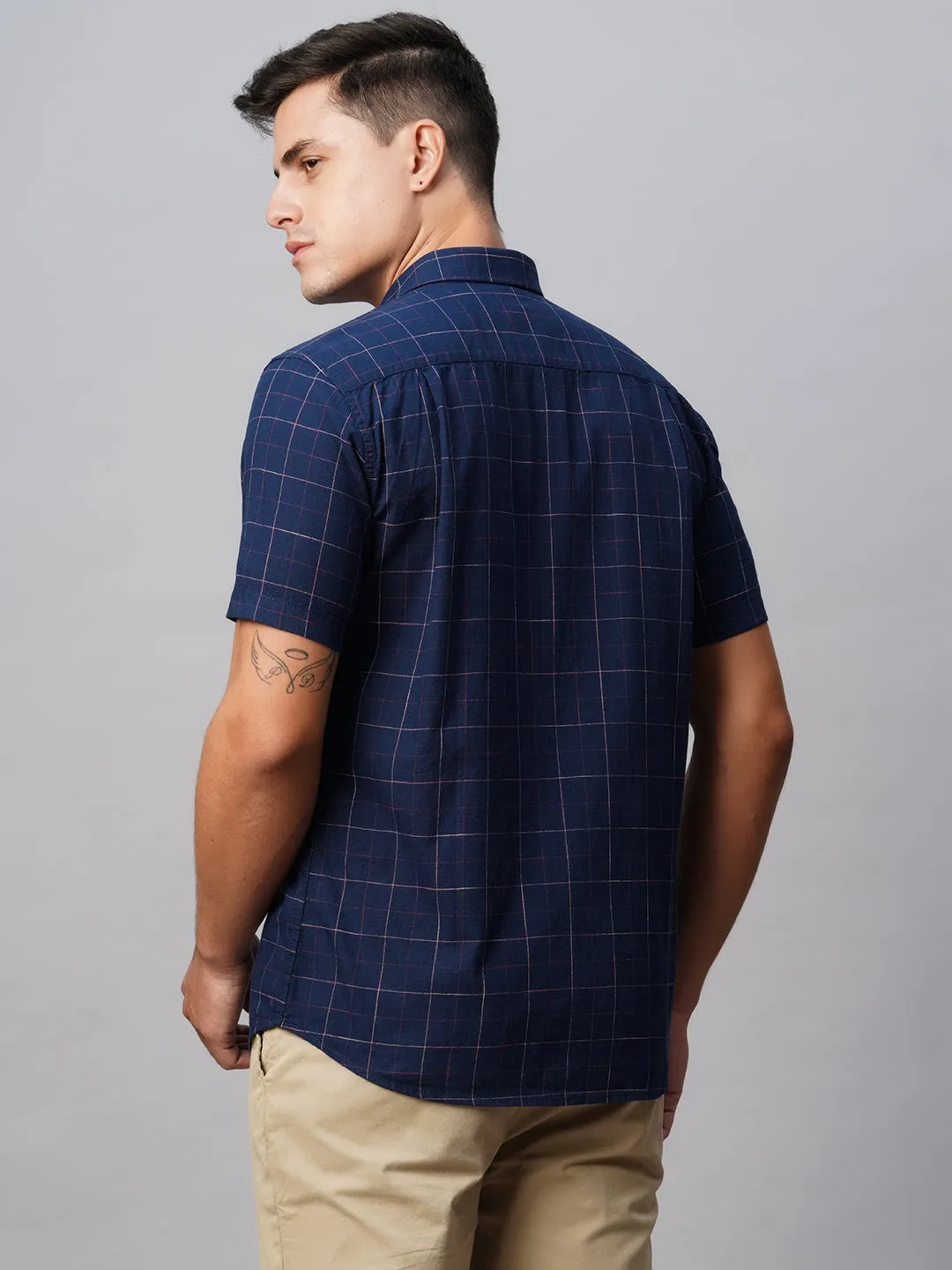 Men's Navy Cotton Regular Fit Checked Shirt