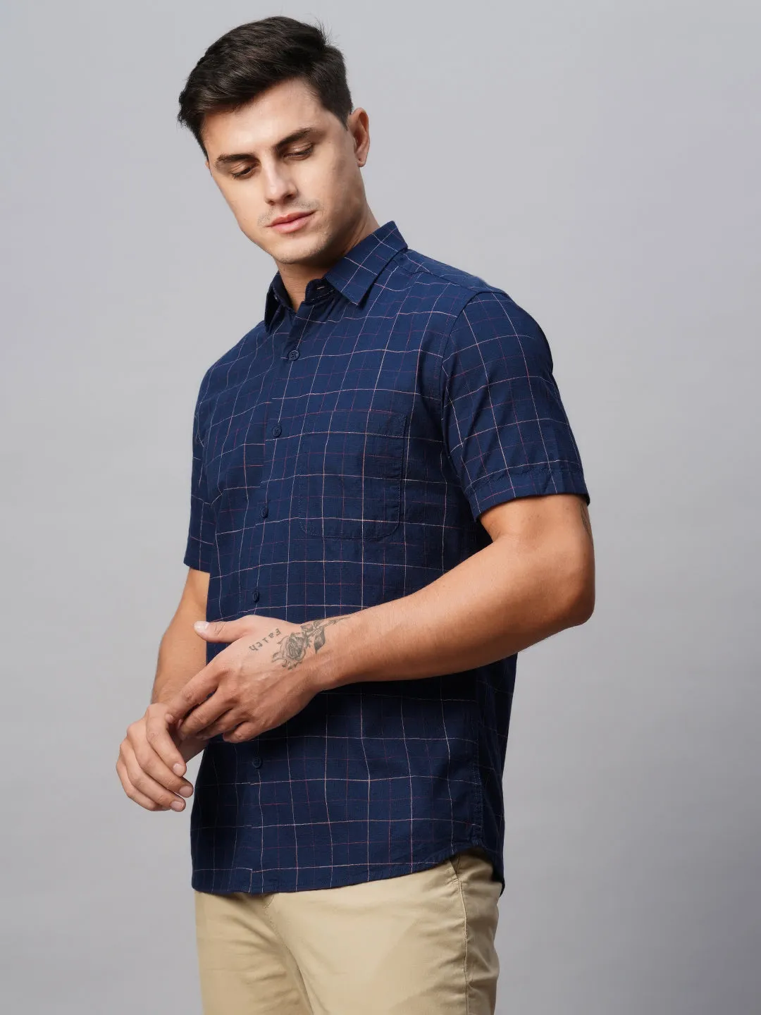 Men's Navy Cotton Regular Fit Checked Shirt