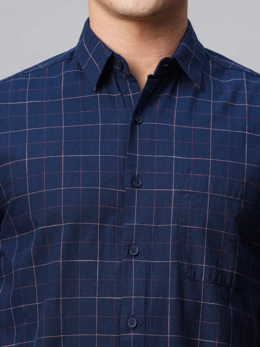 Men's Navy Cotton Regular Fit Checked Shirt