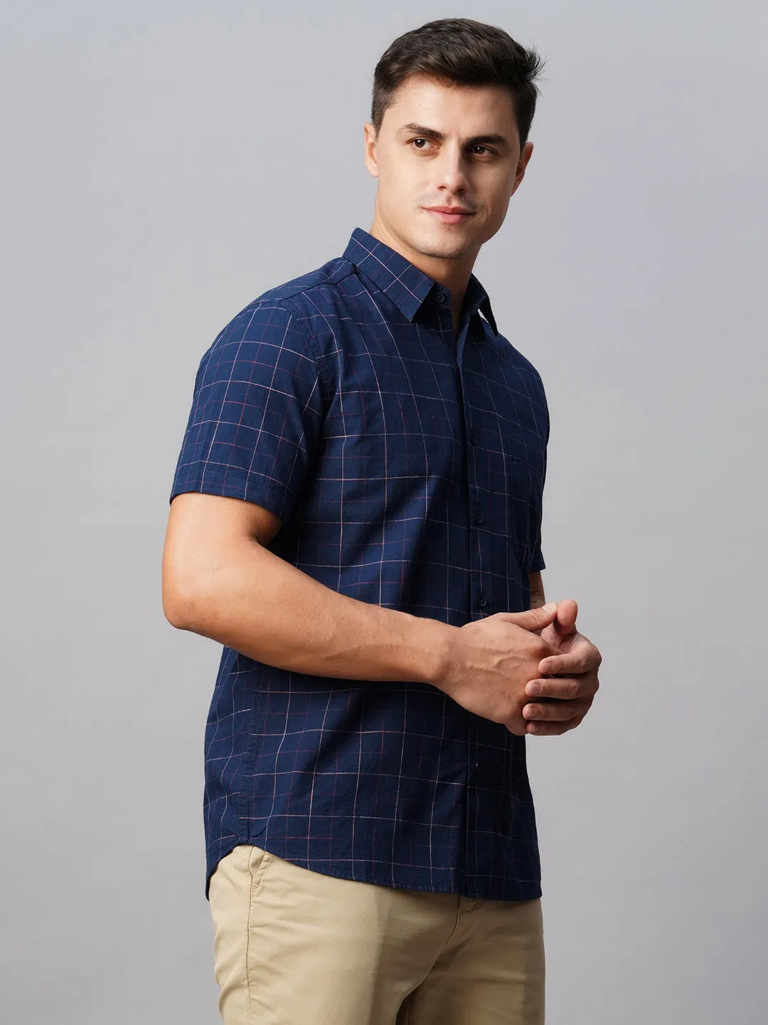 Men's Navy Cotton Regular Fit Checked Shirt