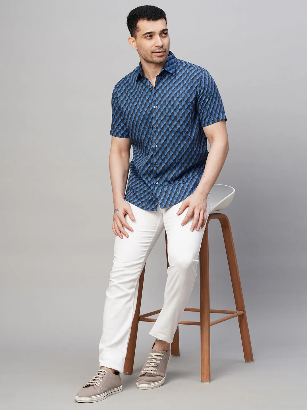 Men's Navy Cotton Regular Fit Printed Shirt