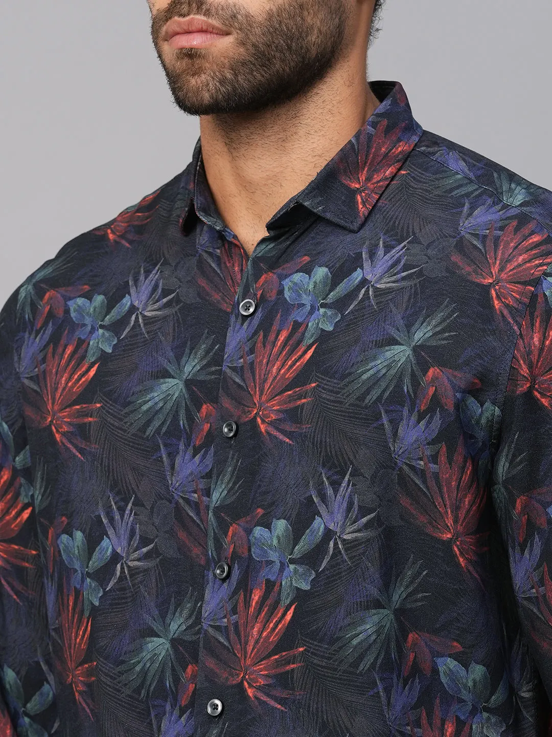 Men's Navy Viscose Slim Fit Printed Shirt