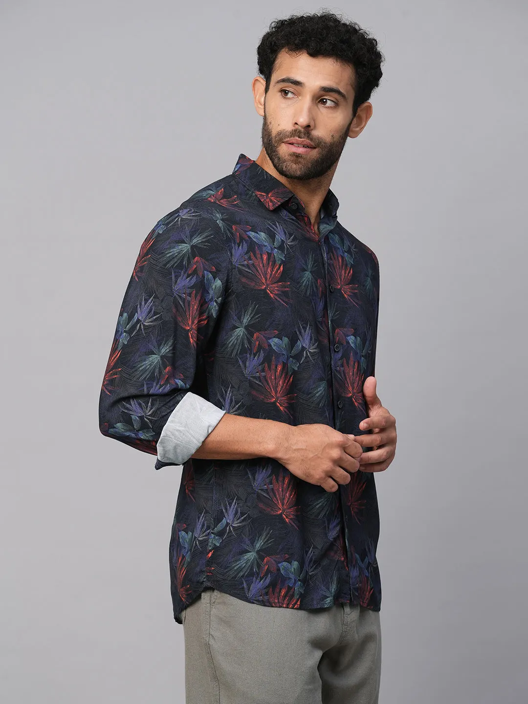 Men's Navy Viscose Slim Fit Printed Shirt