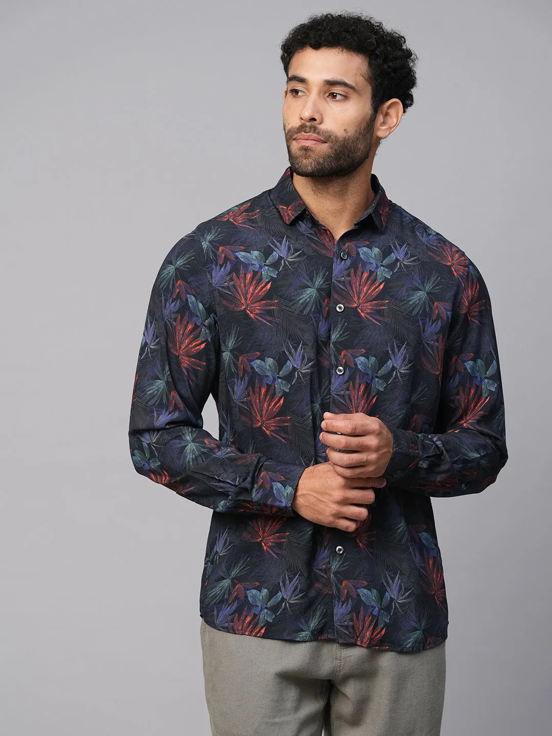 Men's Navy Viscose Slim Fit Printed Shirt