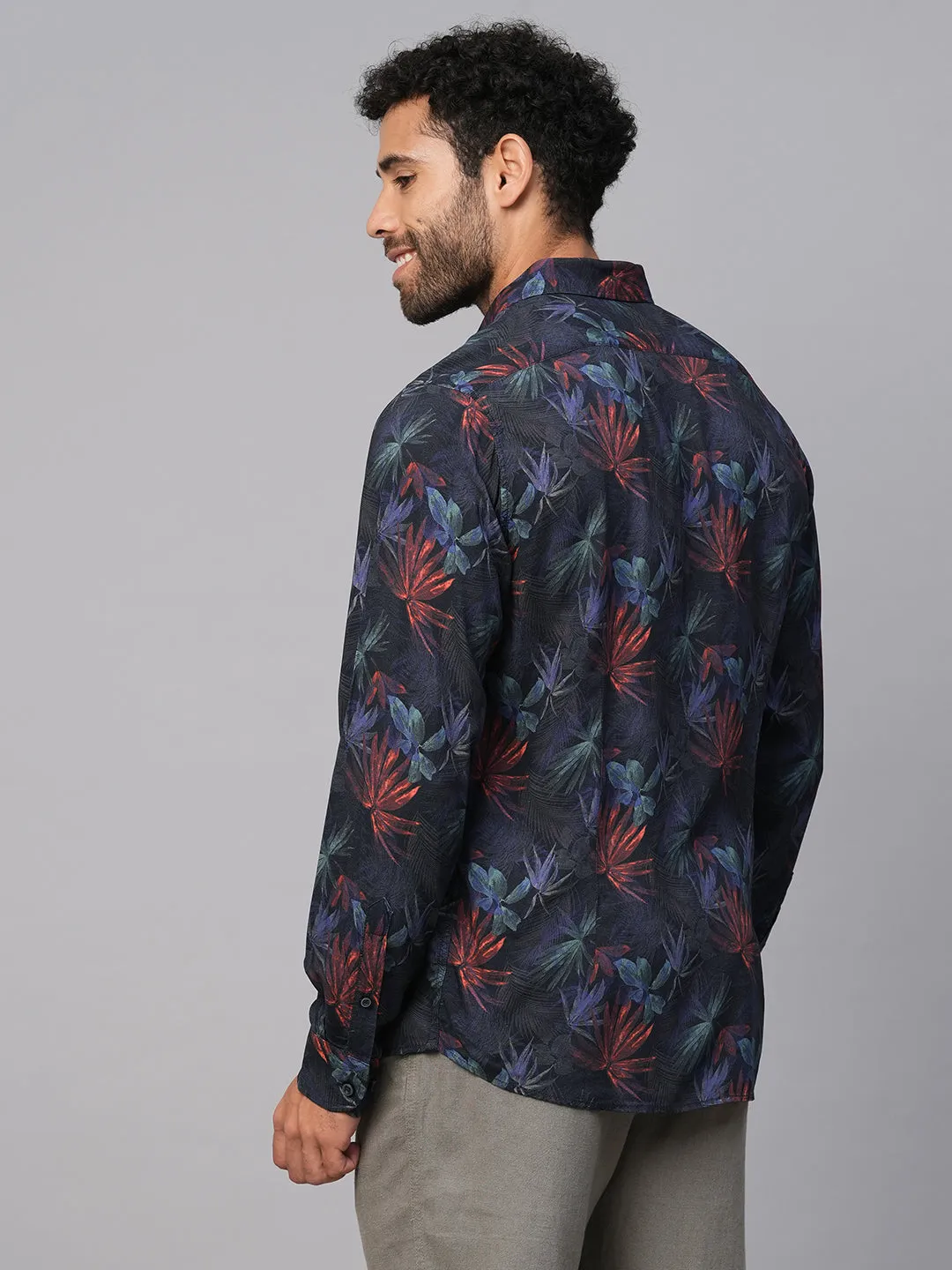 Men's Navy Viscose Slim Fit Printed Shirt