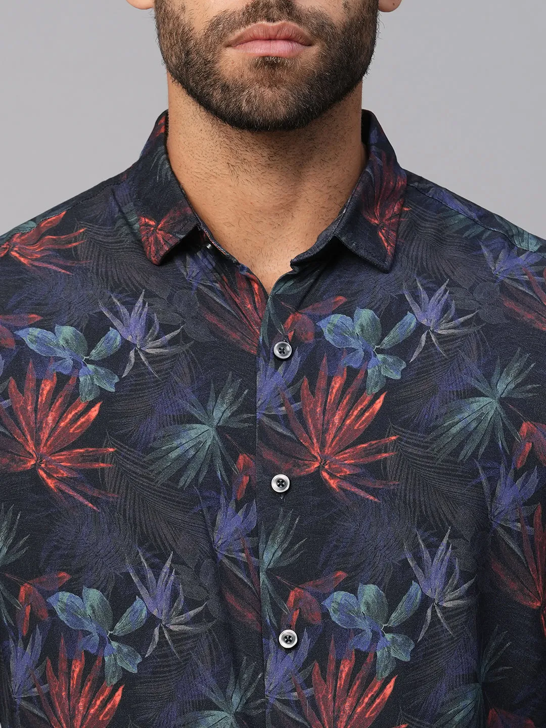 Men's Navy Viscose Slim Fit Printed Shirt