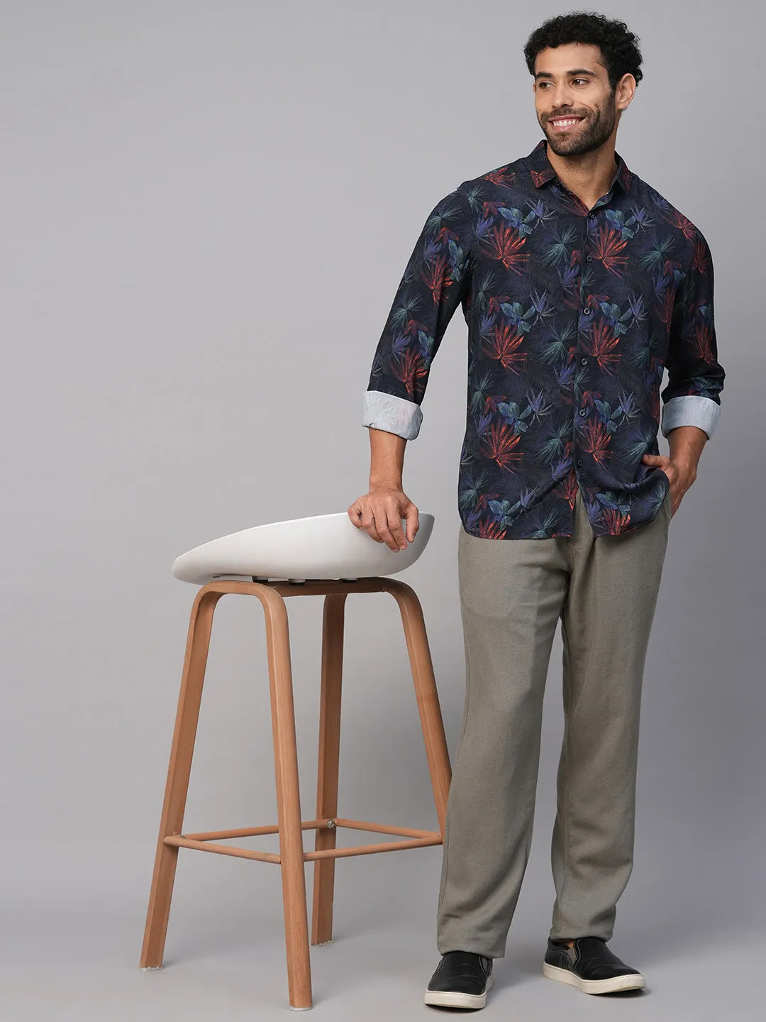 Men's Navy Viscose Slim Fit Printed Shirt