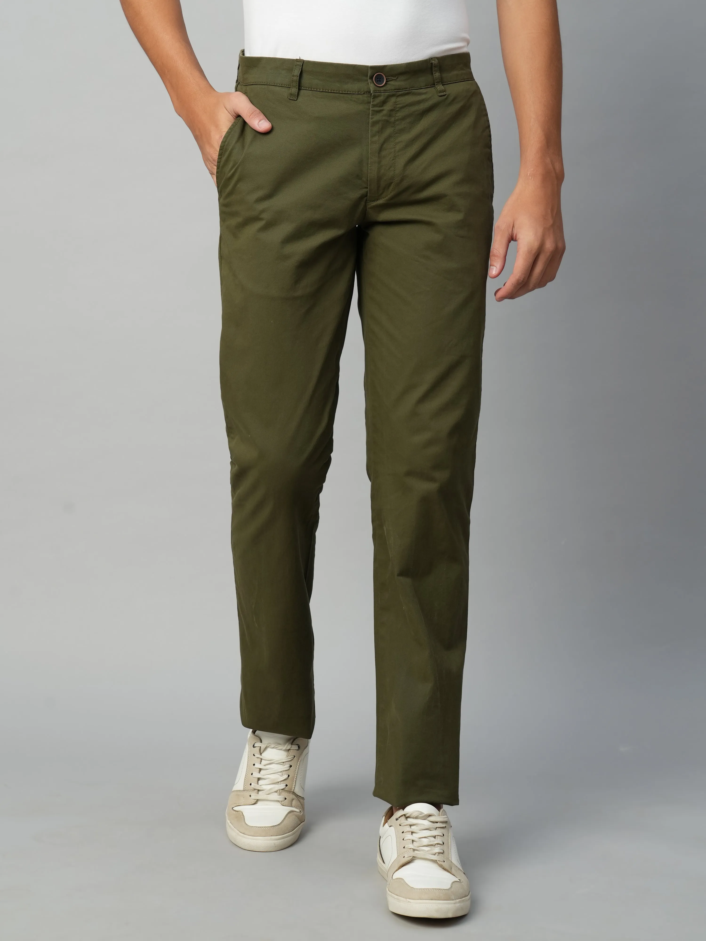 Men's Olive Cotton Lycra Regular Fit Pant