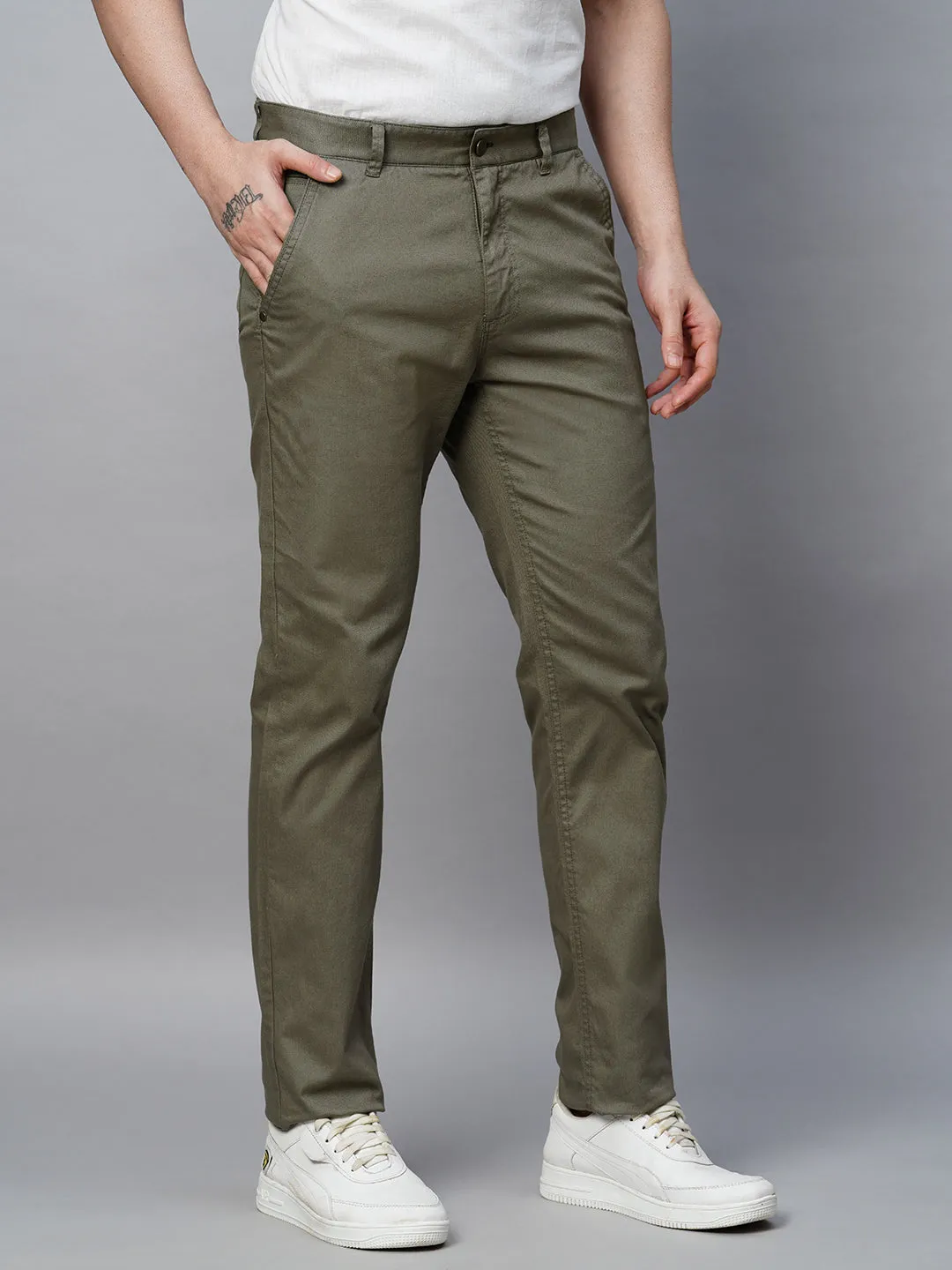 Men's Olive Cotton Lycra Slim Fit Pant