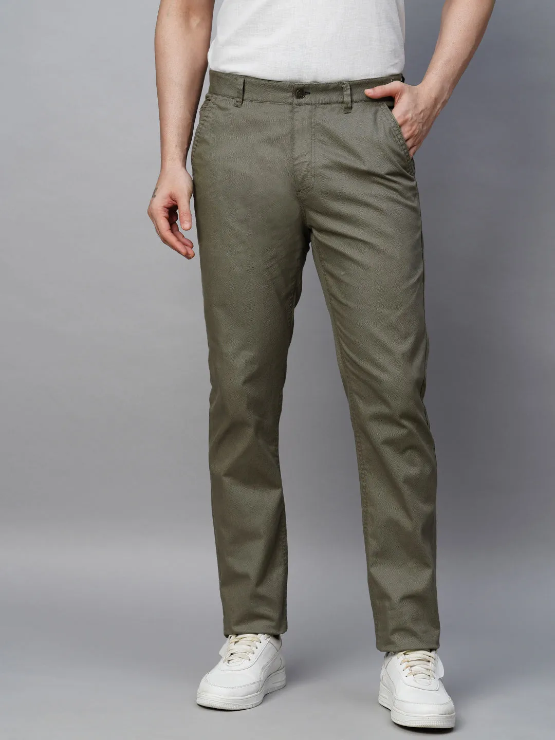 Men's Olive Cotton Lycra Slim Fit Pant