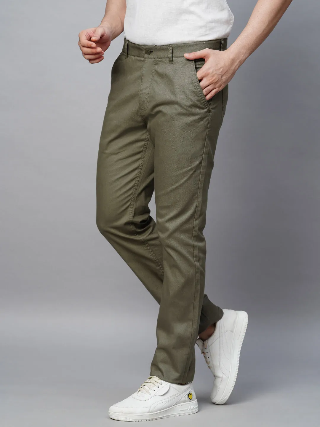 Men's Olive Cotton Lycra Slim Fit Pant