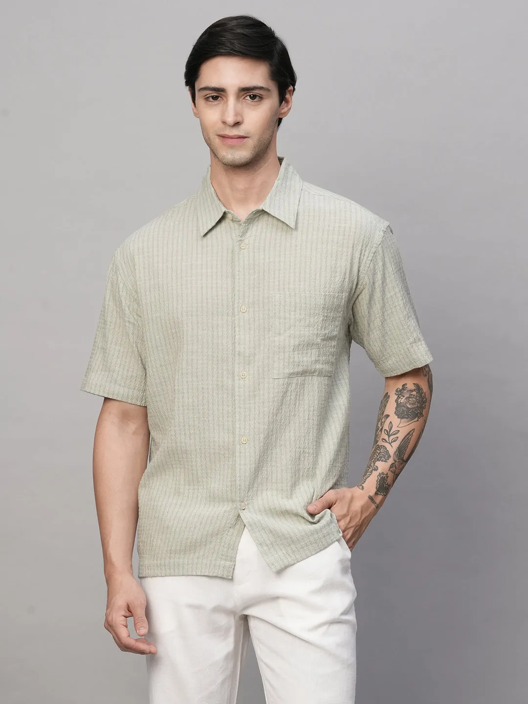 Men's Olive Cotton Viscose Regular Fit Shirt