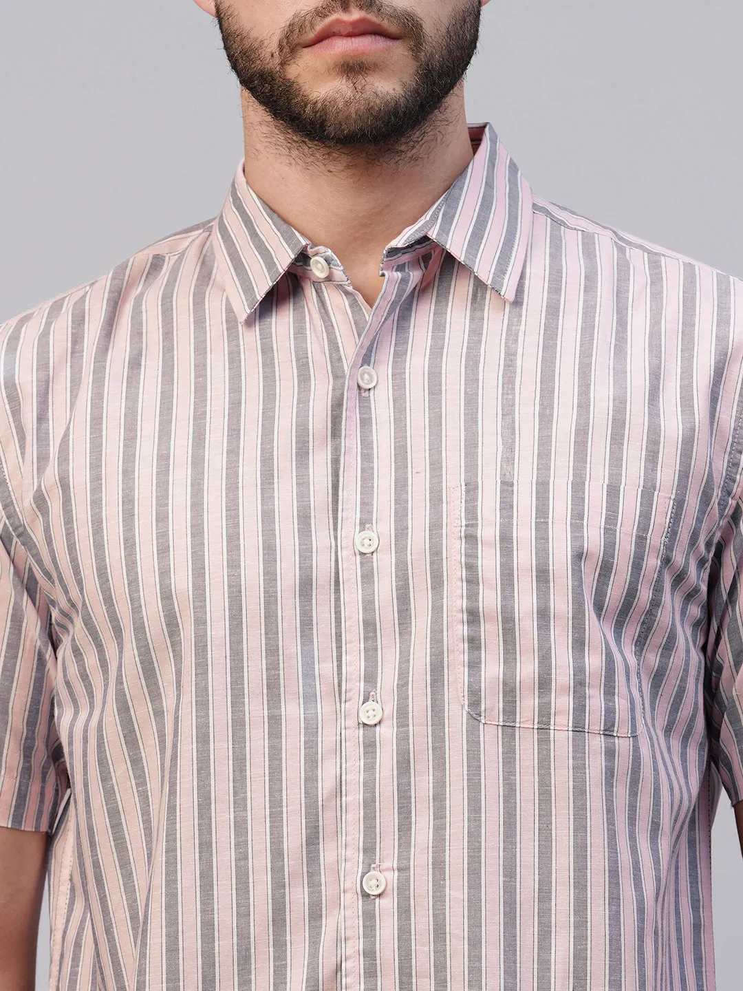 Men's Pink Cotton Regular Fit Striped Shirt