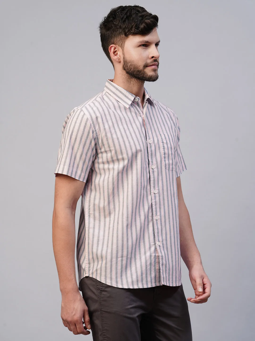 Men's Pink Cotton Regular Fit Striped Shirt