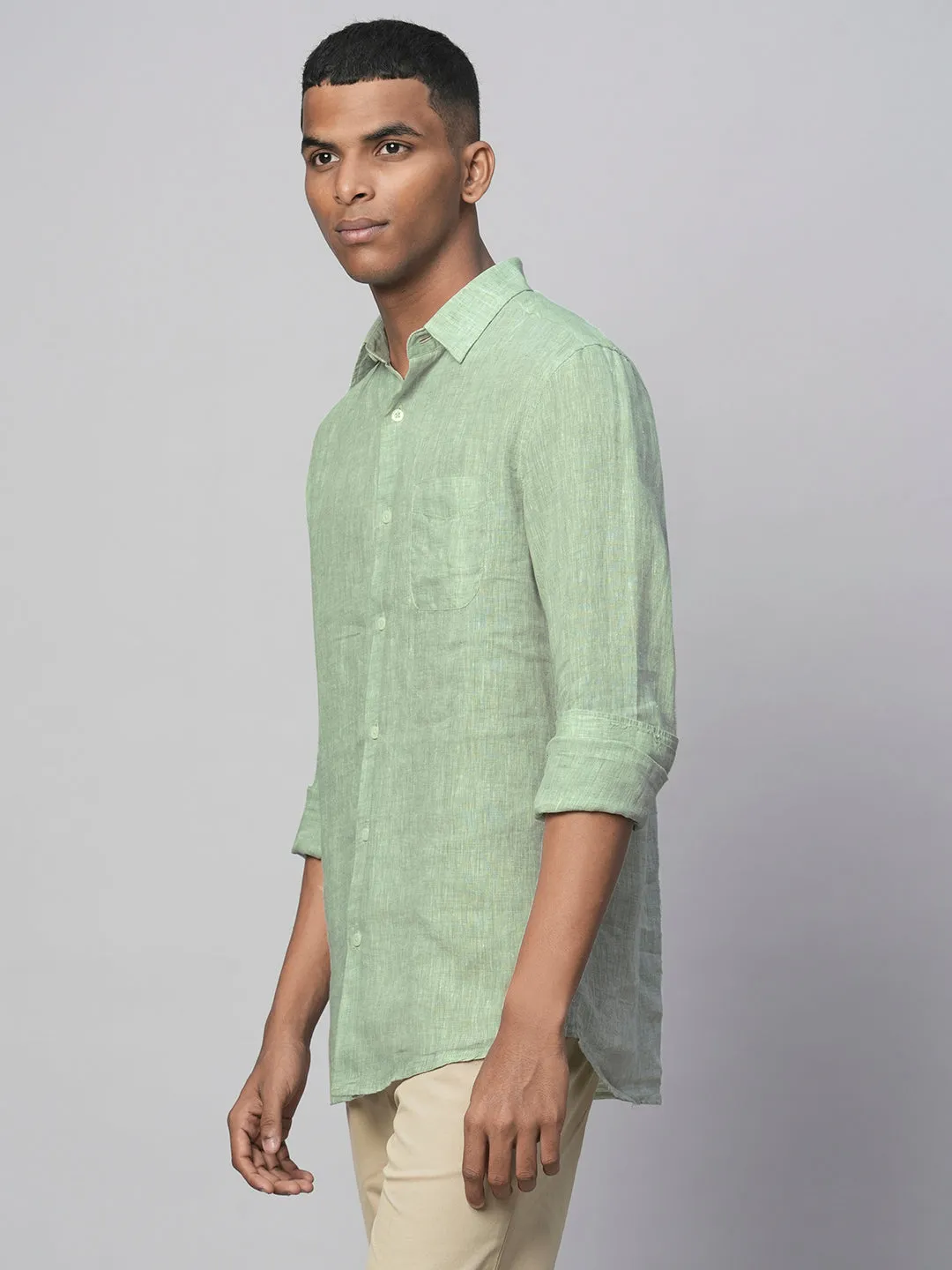 Men's Pista Green 100% Linen Regular Fit Long Sleeved Shirt