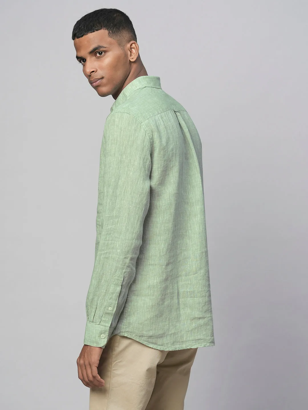 Men's Pista Green 100% Linen Regular Fit Long Sleeved Shirt