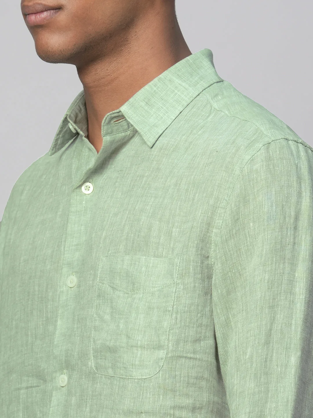 Men's Pista Green 100% Linen Regular Fit Long Sleeved Shirt