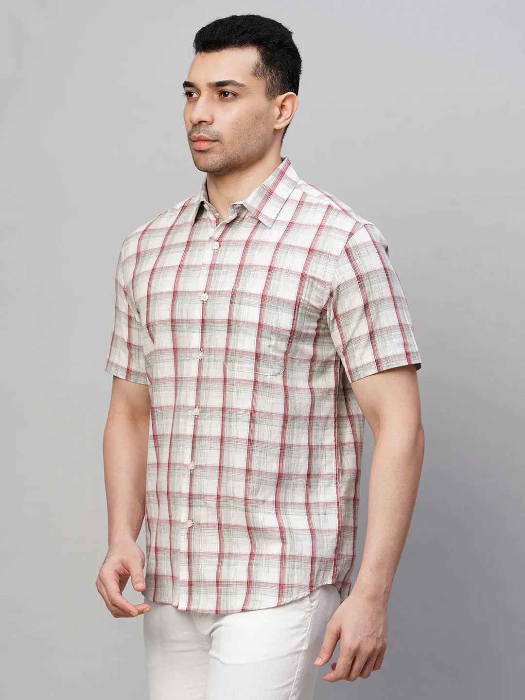 Men's Red Cotton Regular Fit Checked Shirt