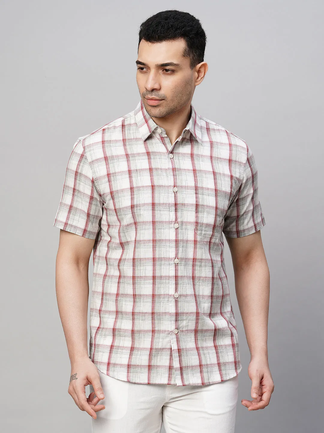 Men's Red Cotton Regular Fit Checked Shirt