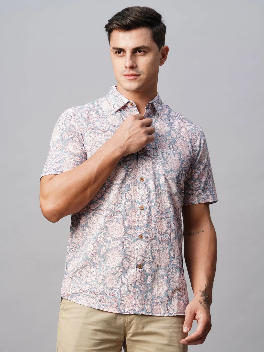 Men's Silver Cotton Regular Fit Printed Shirt