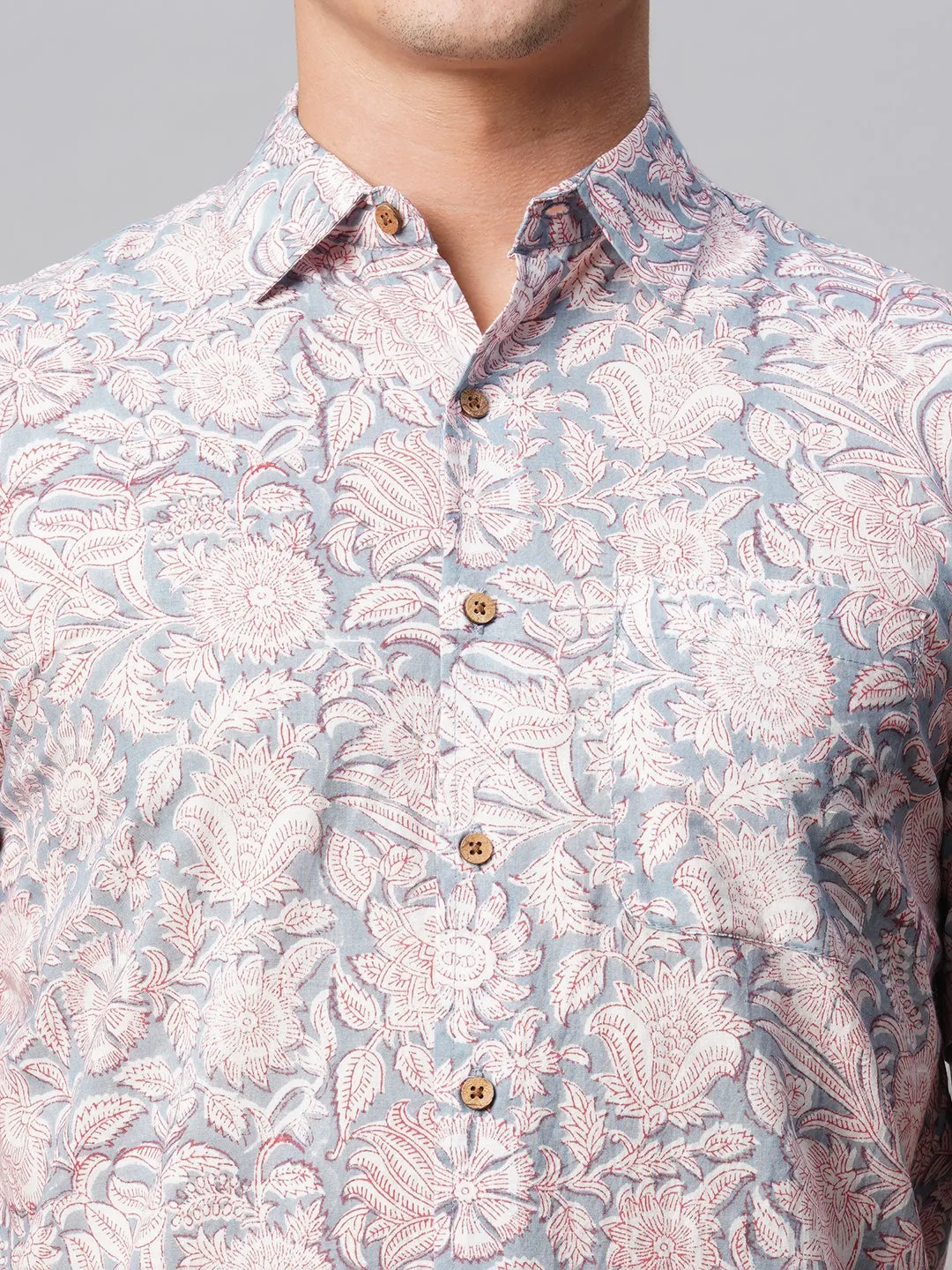 Men's Silver Cotton Regular Fit Printed Shirt