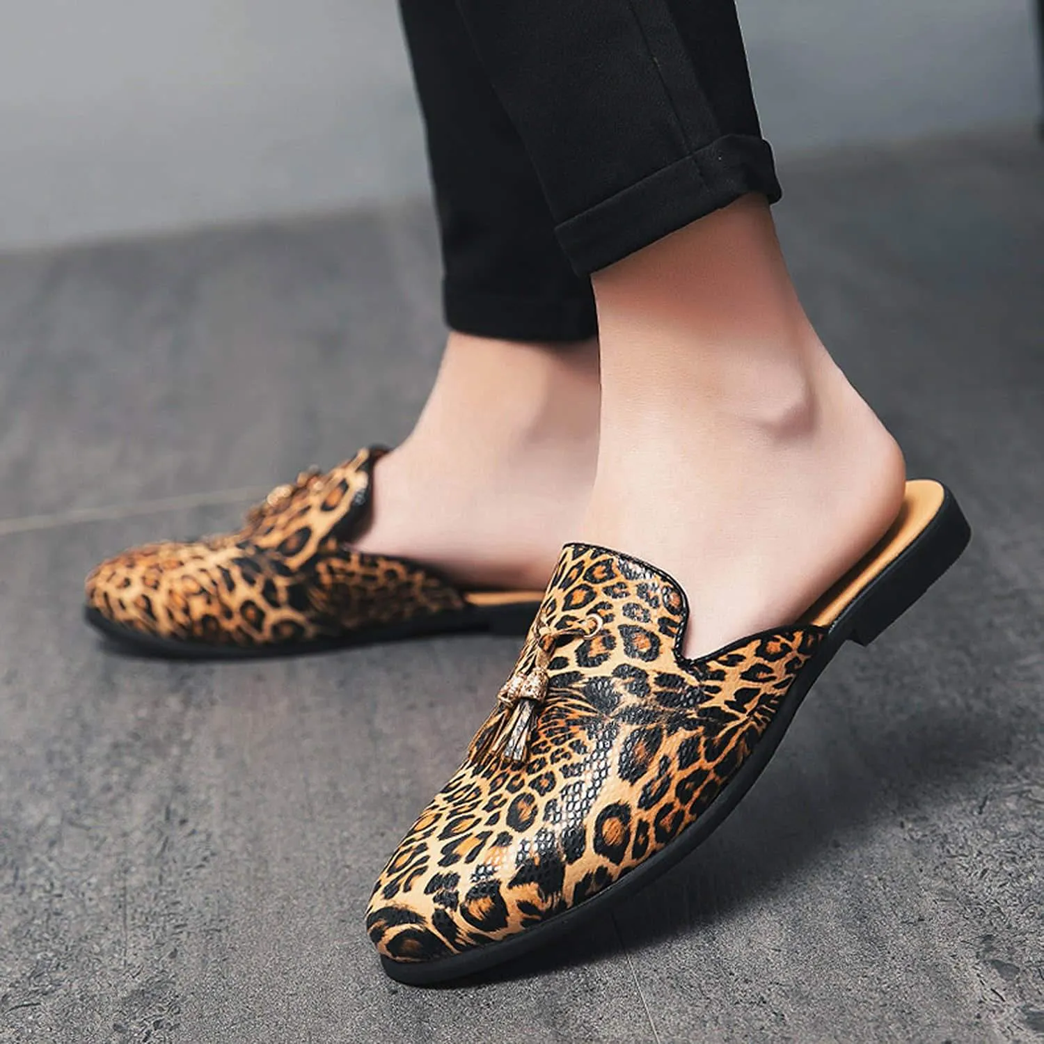 Men's Tassel Leopard Buckle Mules